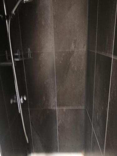 a bathroom with a shower with a black tile wall at Le petit soleil in Lamalou-les-Bains