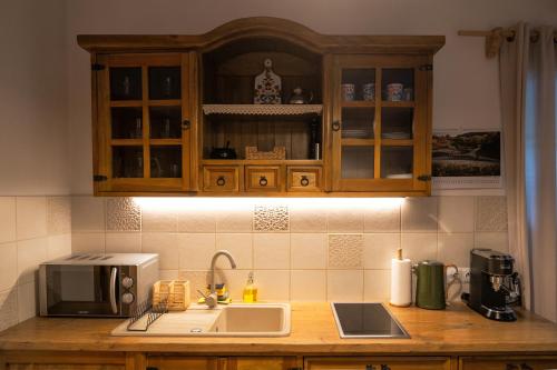 a kitchen counter with a sink and a microwave at Tarninowe Wzgórze in Kunkowa
