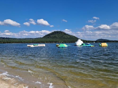 a group of boats in the water on a lake at Chatky U Davida Máchovo jezero in Staré Splavy