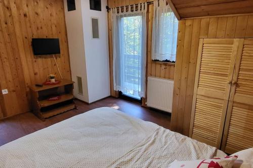 1 dormitorio con paredes de madera, 1 cama y TV en Cabana Cotu lui Iepure, en Trăisteni
