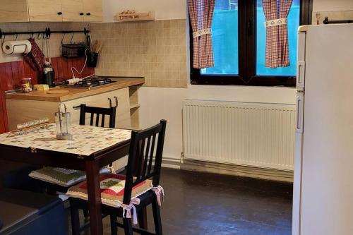 a kitchen with a table and a refrigerator at Cabana Cotu lui Iepure in Trăisteni