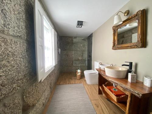 ein Badezimmer mit einem Waschbecken, einem WC und einem Spiegel in der Unterkunft Casa da Ponte in Baião