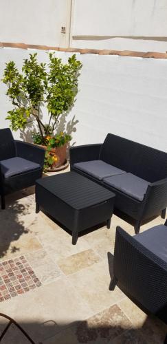 une terrasse avec quatre canapés noirs et une plante dans l'établissement Le Patio, à Saintes-Maries-de-la-Mer