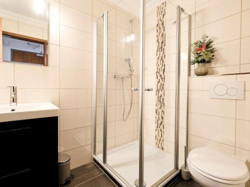 a bathroom with a shower and a toilet at Lieblingsplatz.. wunderschön an der Ostsee, mit Blick auf die Förde in Harrislee