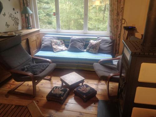 a living room with a blue couch in front of a window at Chalet - Au retour vers Soi in Les Nobertins
