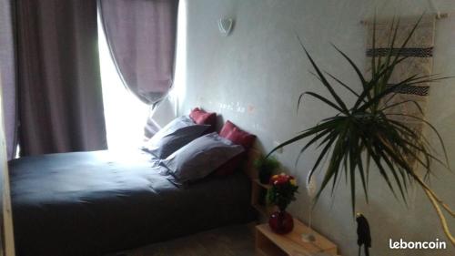 Un dormitorio con una cama con almohadas y una planta en Soirée romantique avec Bain Nordique sur Domaine Equestre, Studio Tout Confort 