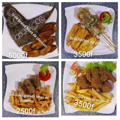 four pictures of different types of food on plates at Hôtel Le Quilombo in Garoua