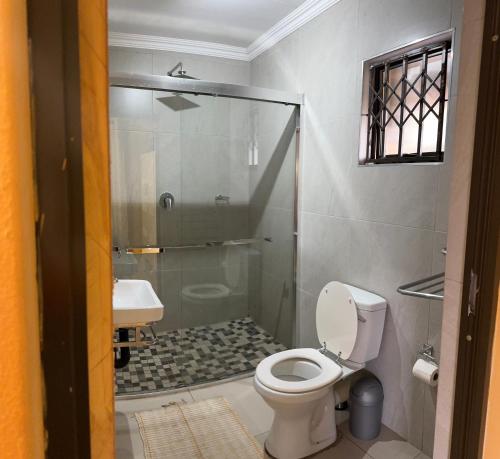 a bathroom with a shower and a toilet and a sink at The bridge Guest House in Newcastle