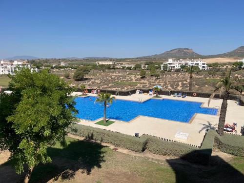 una vista aérea de una piscina con palmeras y edificios en Two bedroom Apt., Hacienda Riquelme Golf Resort en Murcia