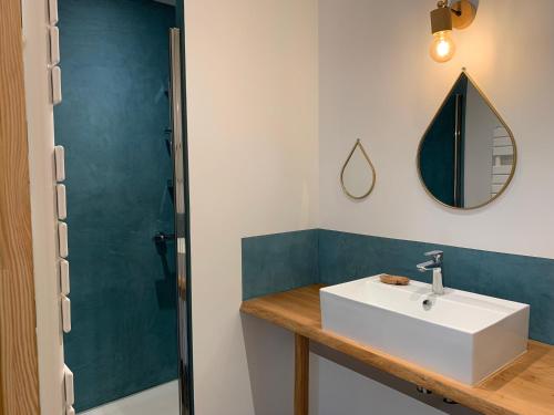 een badkamer met een witte wastafel en een spiegel bij Ferme de la Croix Blanche, Vercors (4 ch, 8 pers) in Méaudre