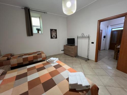 1 dormitorio con cama a cuadros y TV en Nonna Croce Home en San Giovanni Gemini