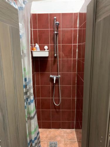 a bathroom with a shower with red tile at Carpe Noctem Hostel in Budapest
