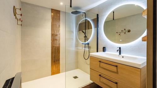 La salle de bains est pourvue d'un lavabo et d'un miroir. dans l'établissement Le Chouette Loft, à Dijon