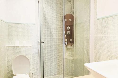 uma casa de banho com um chuveiro, um WC e um lavatório. em REIMS CATHEDRALE LUXURIOUS PROPERTY em Reims
