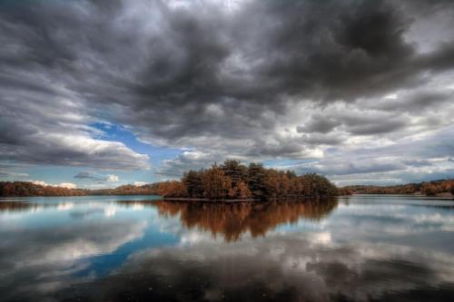 a large body of water with trees and a cloudy sky at Forestry Cottage. Hot tub, open fire, dog friendly in Gaywood