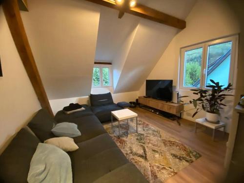 a living room with a couch and a tv at Maison au centre de Kaysersberg in Kaysersberg
