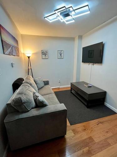 a living room with a couch and a flat screen tv at Downtown Albany 1 Bed + Workstation @ Maiden Lane in Albany