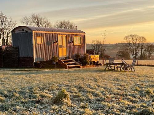 a tiny house in a field with a picnic table at Honey Bee - Comfortable luxury shepherds hut with hot tub in Bradpole