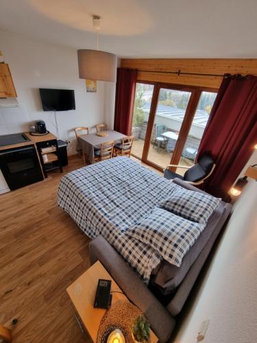 Appartement 4 personnes 32m2 Au pied des pistes- WiFI- Balcon Sud- Chamrousse 1650 في شامروس: غرفة نوم مع سرير وغرفة معيشة