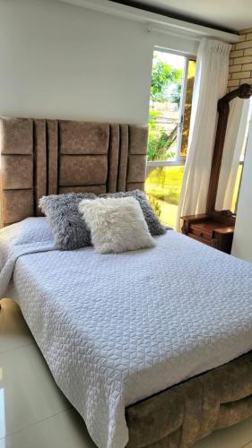 a bed with two pillows on it next to a window at Apartamento en Cartago in Cartago