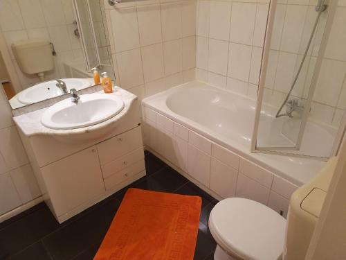 W łazience znajduje się umywalka, toaleta i prysznic. w obiekcie Ferienwohnung im Zentrum Hannover City, ruhig, HBF- Nähe, freie öffentliche Parkplätze w Hanowerze