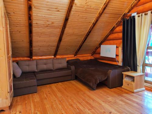 a living room with a couch and a bed at Шале Гірська Казка in Yaremche