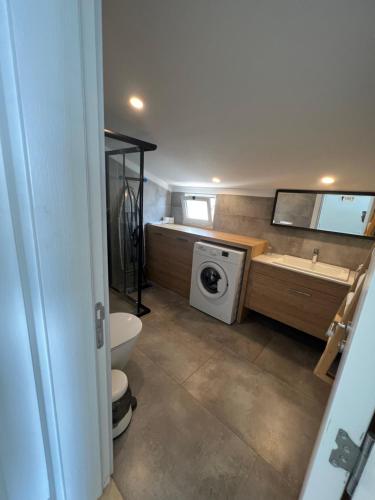 a bathroom with a toilet sink and a washing machine at Nar Twinn Otel in Kas