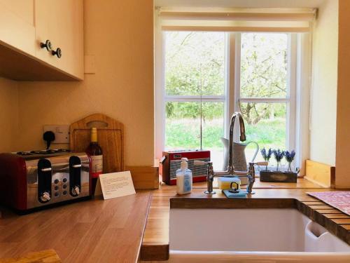 a kitchen with a counter with a microwave and a window at Gamekeepers Cottage, hot tub & open fire. in Gaywood