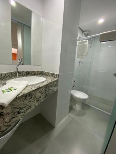 a bathroom with a sink and a toilet at Pousada Vila Barboza - Próxima ao Thermas Water Park in Águas de São Pedro