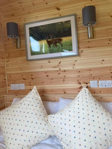 una foto colgada en una pared sobre una cama con almohadas en Shepherd's Huts in Barley Meadow at Spring Hill Farm en Oxford