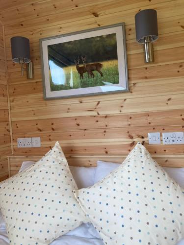 a picture hanging on a wall above a bed with pillows at Shepherd's Huts in Barley Meadow at Spring Hill Farm in Oxford