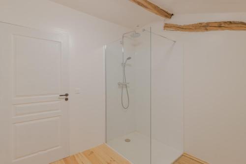 y baño con ducha y puerta de cristal. en Le Presbytère de Pompiac, en Castillonnès