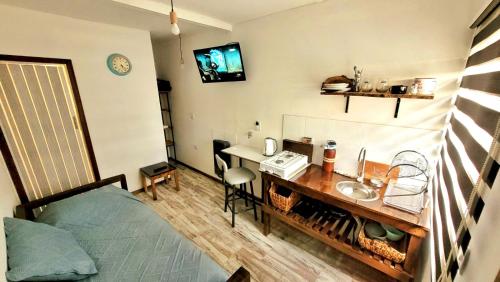 Habitación con escritorio, cama y lavabo. en Tiny House Ushuaia en Ushuaia