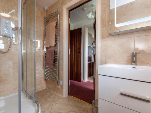a bathroom with a toilet and a sink and a shower at The Bickney in Llanrian