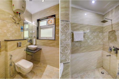 two pictures of a bathroom with a toilet and a shower at Hotel Aroma Residency Premium 47 Corporate,Family,Friendly,Couple Friendly Near - Unitech Cyber Park & IKEA in Gurgaon