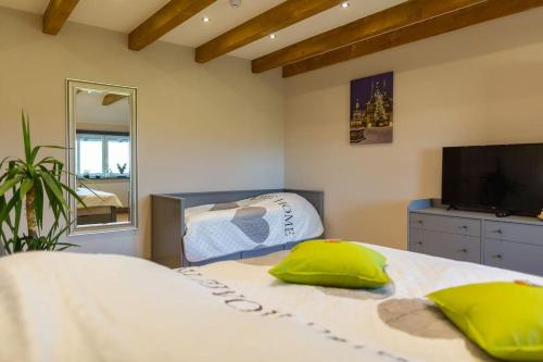 ein Schlafzimmer mit einem Bett mit zwei hellgrünen Kissen in der Unterkunft Ferienwohnung Harzliebe - am Fuße des Brocken in Wernigerode