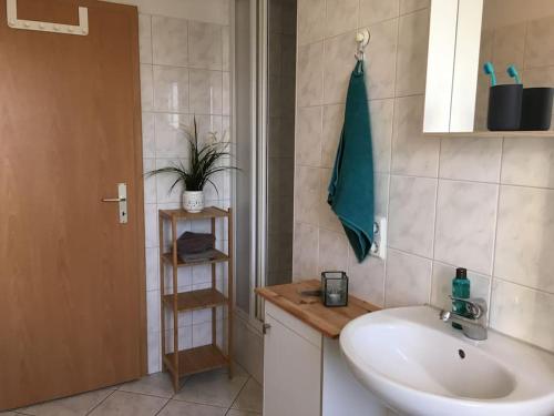 a bathroom with a sink and a mirror and a towel at Peenekoje in Peenemünde