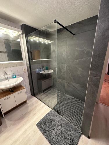 a bathroom with a shower and a sink at Mühlenloft Hameln in Hessisch Oldendorf