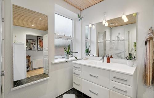 La salle de bains blanche est pourvue d'un lavabo et d'un miroir. dans l'établissement Beautiful Home In Faxe Ladeplads With Kitchen, à Fakse Ladeplads