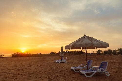 an umbrella and chairs on a beach with the sunset at Habib Camp in Abu Simbel