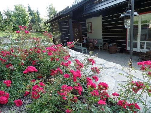 a garden with pink flowers in front of a building at Penzion Roubenka in Hukvaldy