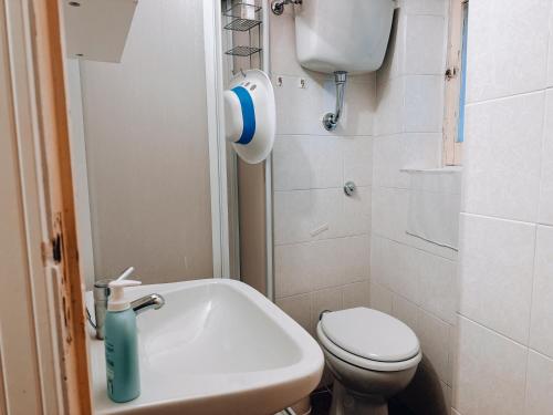 a small bathroom with a toilet and a sink at House Scanno centro storico in Scanno