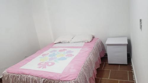 ein kleines Schlafzimmer mit einem Bett mit einer rosa Decke in der Unterkunft Casa Compartida in Guanajuato