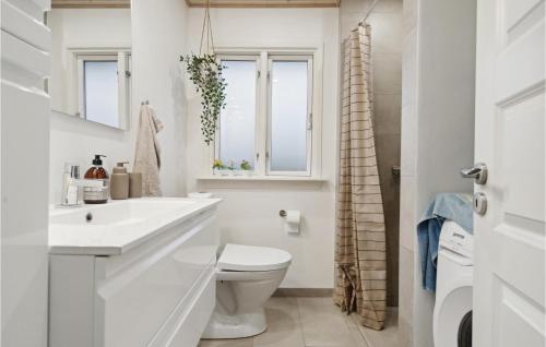 La salle de bains blanche est pourvue de toilettes et d'une fenêtre. dans l'établissement Gorgeous Home In Hornslet With Kitchen, à Hornslet