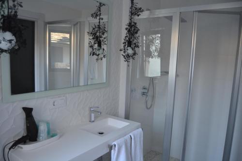 een badkamer met een wastafel, een spiegel en een douche bij Hotel Victoria in Puebla de Sanabria