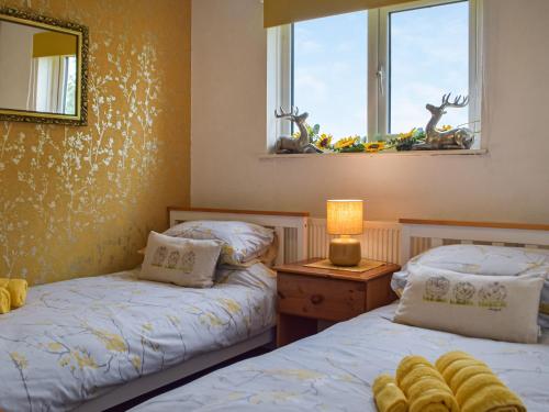 2 camas individuales en una habitación con ventana en Cartref Bach, en Llanwnen