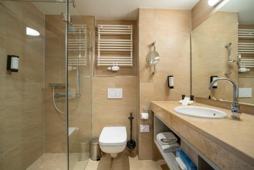 a bathroom with a toilet and a sink and a shower at Eden Hotel Früh am Dom in Cologne