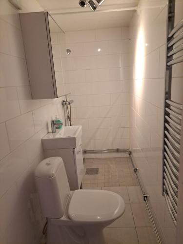uma casa de banho branca com um WC e um espelho. em Lägenhet Huskvarna em Jönköping