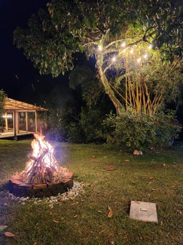 a fire pit with lights in a yard at night at Finca Hostal La Esperanza in Quimbaya