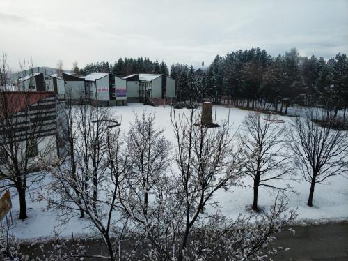 a snow covered parking lot with trees and buildings at Apartman Luka in Kupres